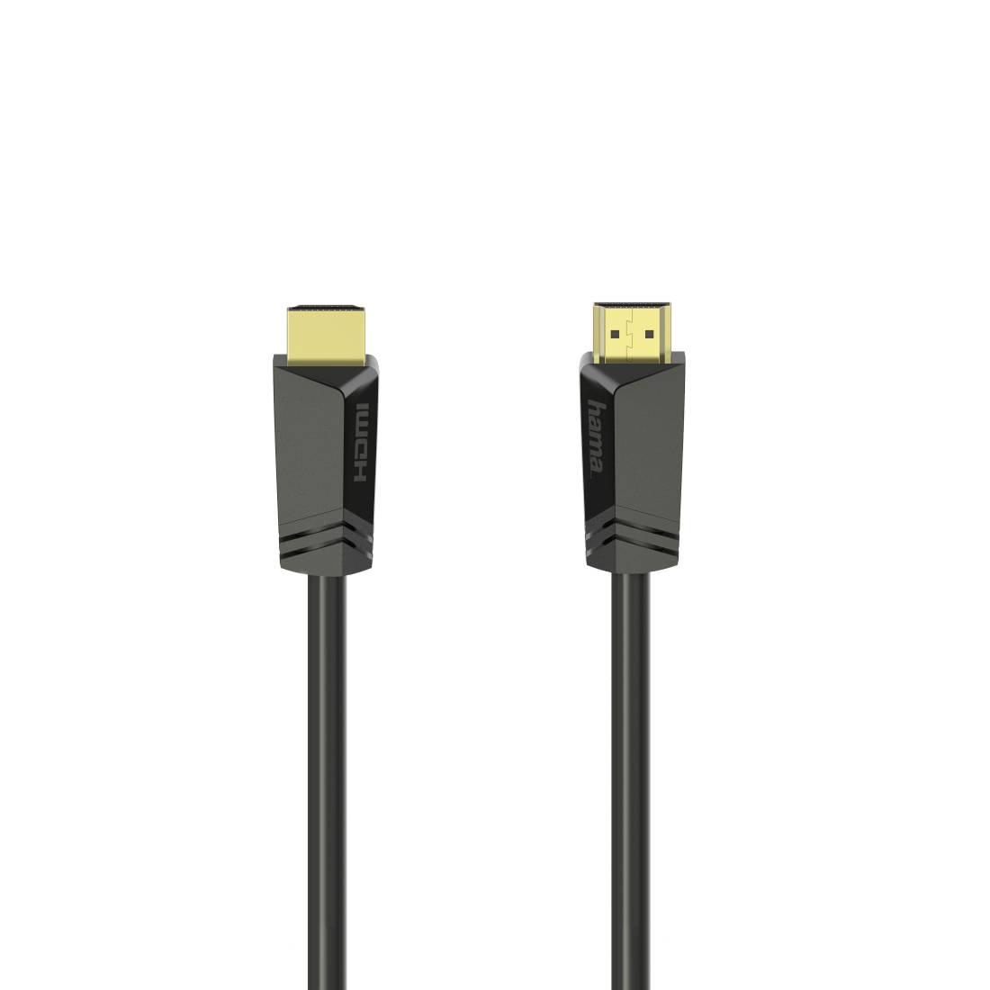 Zwei schwarze HDMI-Kabelstecker auf weißem Hintergrund, nebeneinander angeordnet, mit vergoldeten Spitzen und sichtbarer „HDMI