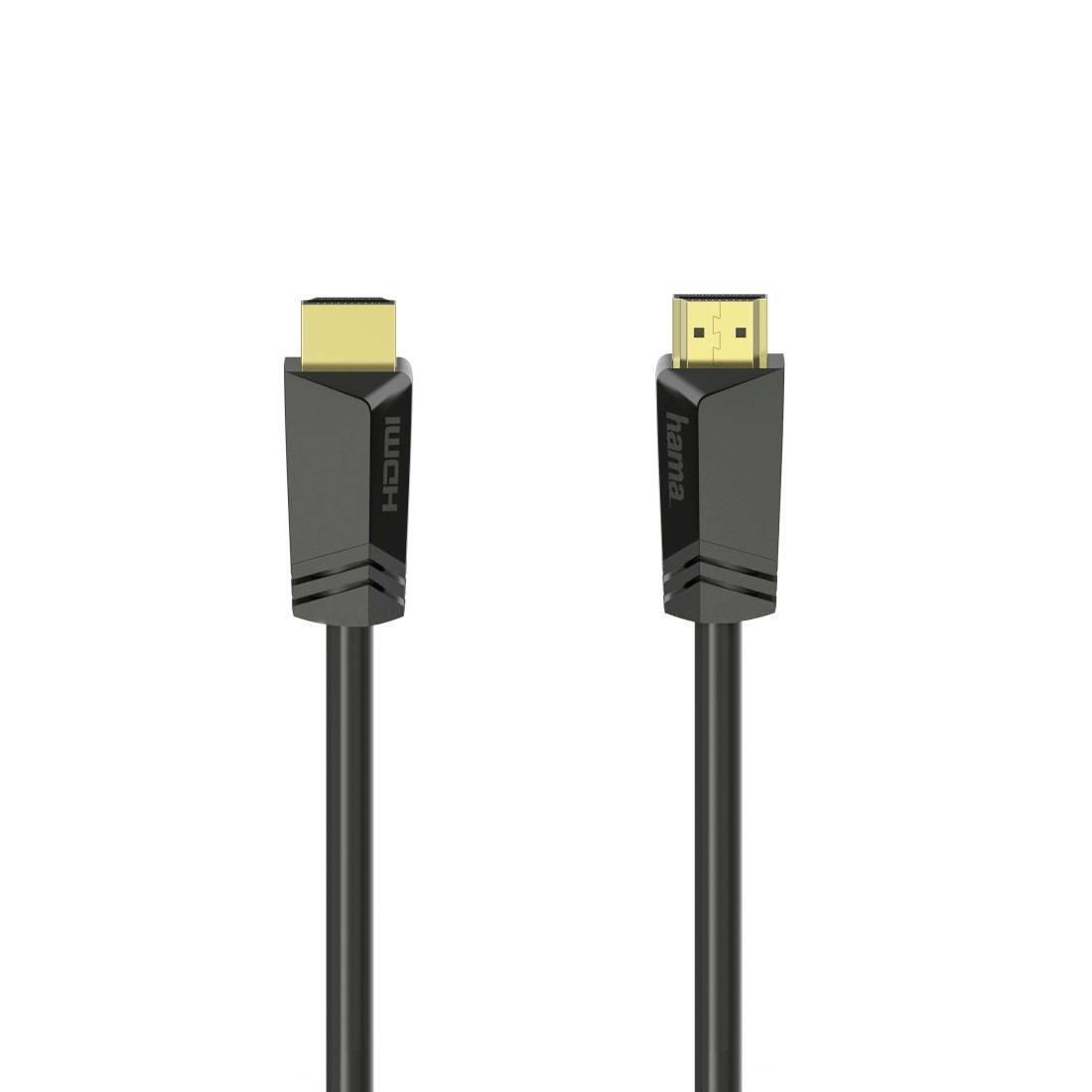 Schwarzes HDMI-Kabel mit zwei nebeneinander angeordneten Steckern auf weißem Hintergrund, ein HDMI-Stecker in Standardgröße und ein kleinerer HDMI-Stecker.