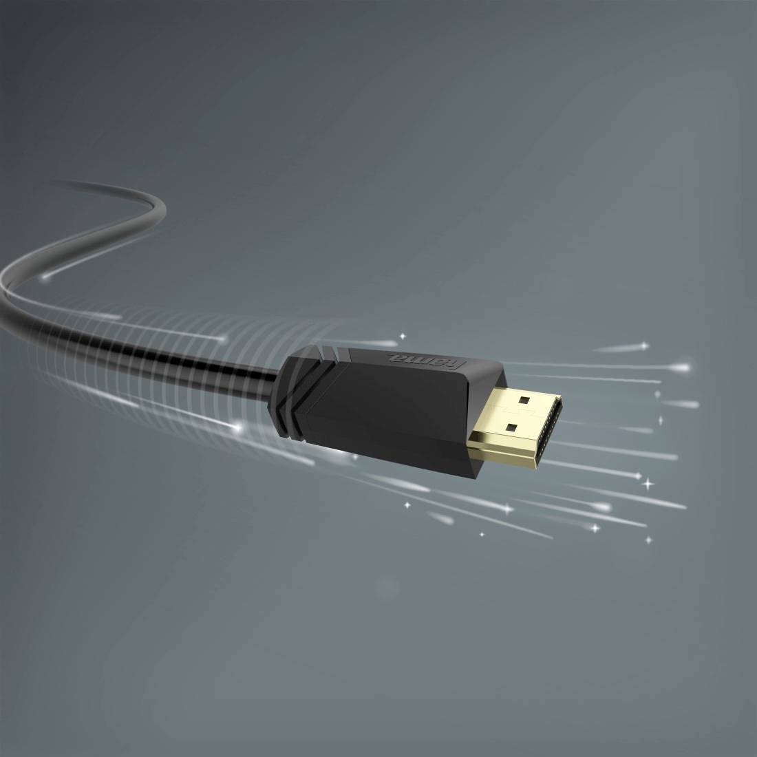 Nahaufnahme eines schwarzen HDMI-Kabelsteckers mit Lichtspuren, dargestellt als elegante produktgestaltete Illustration auf grauem Hintergrund.