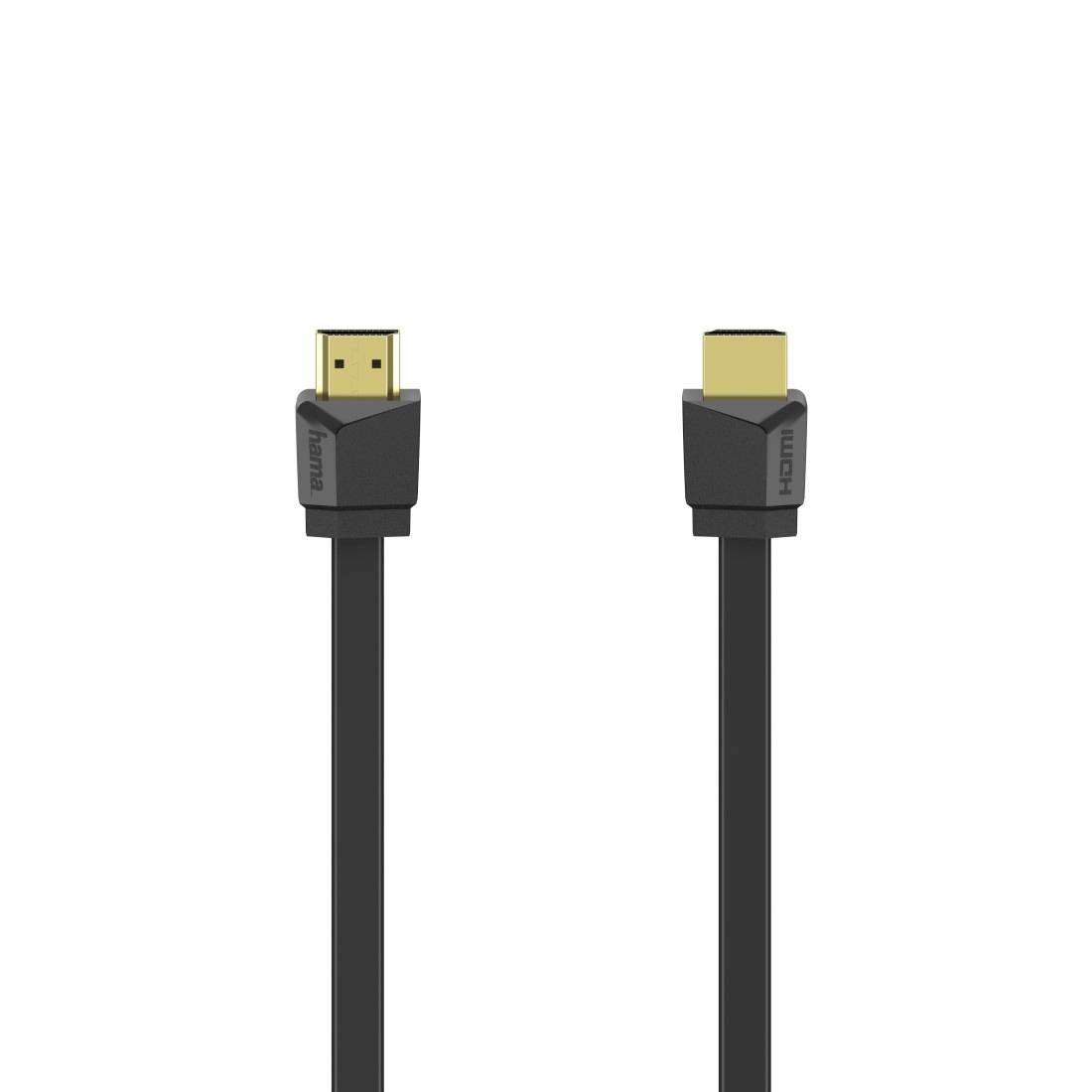 Zwei schwarze HDMI-Kabel nebeneinander dargestellt, mit einer Steckerverbindung in Vorderansicht und der anderen in Rückansicht auf weißem Hintergrund.