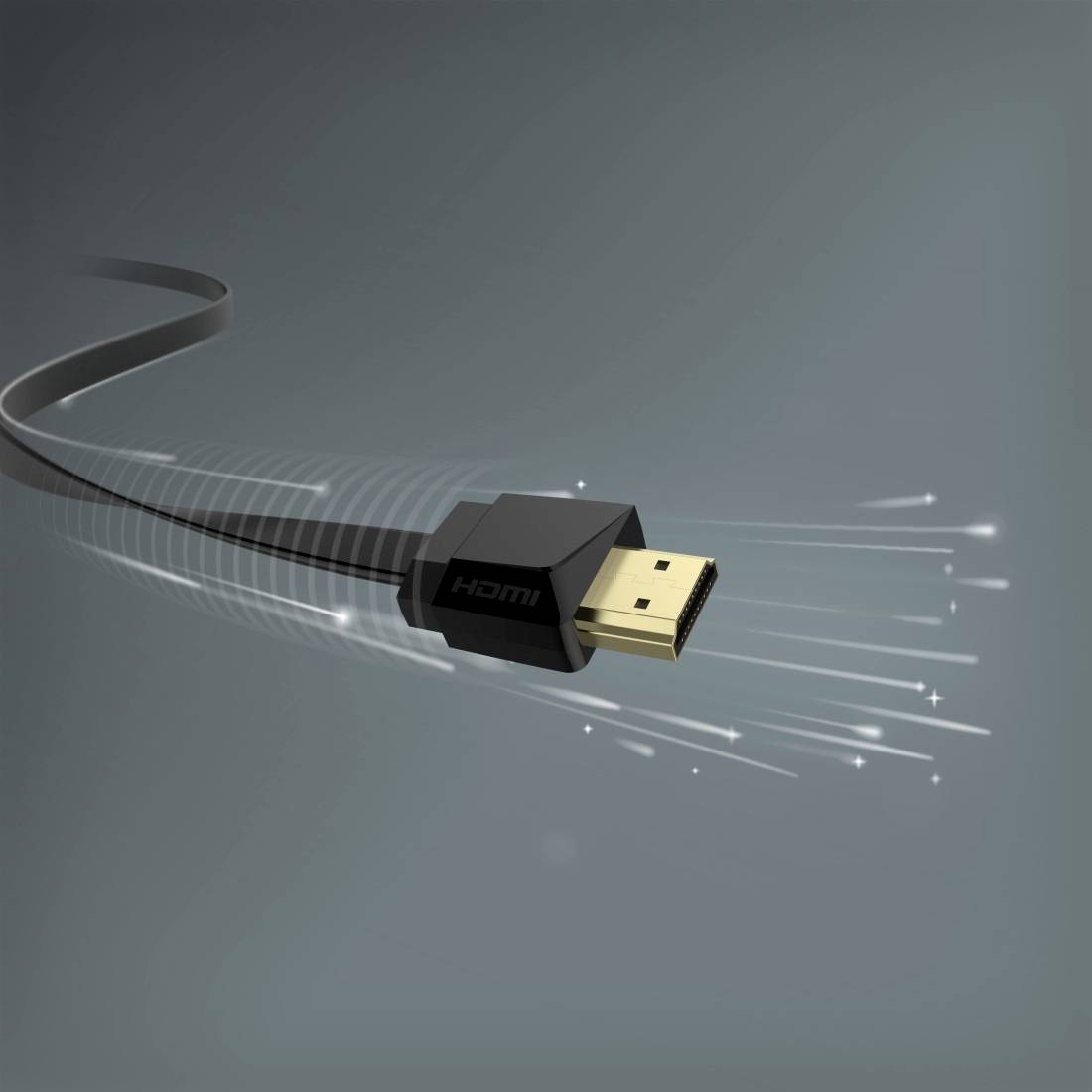 Nahaufnahme eines HDMI-Kabels mit dem Stecker nach rechts abgewinkelt, gezeigt auf grauem Hintergrund mit Bewegungslinien, die Geschwindigkeit oder Signalübertragung suggerieren.