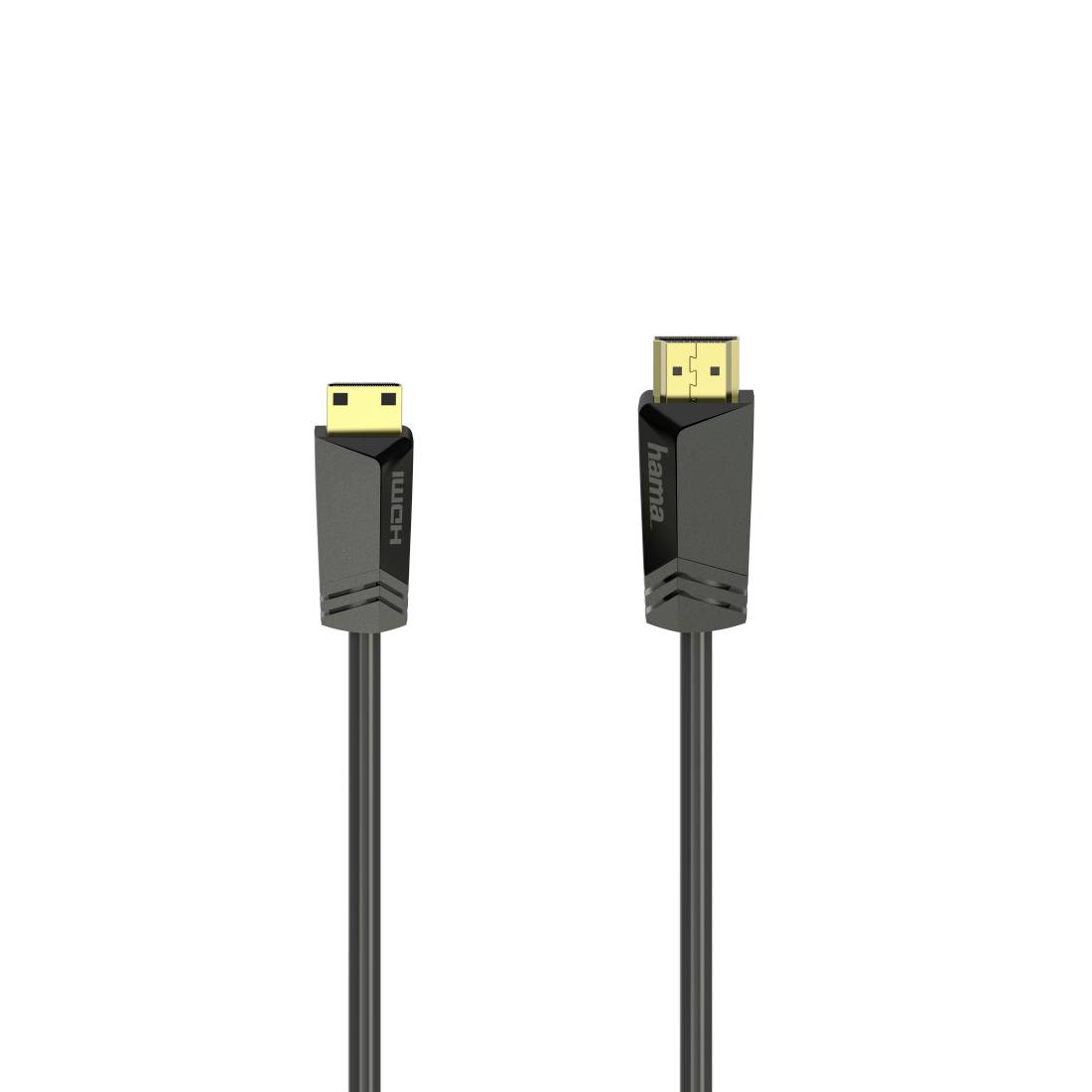 Zwei schwarze HDMI-Kabel mit vergoldeten Steckern auf weißem Hintergrund, ein Ende mit der Bezeichnung HDMI und das andere mit der Bezeichnung hama.