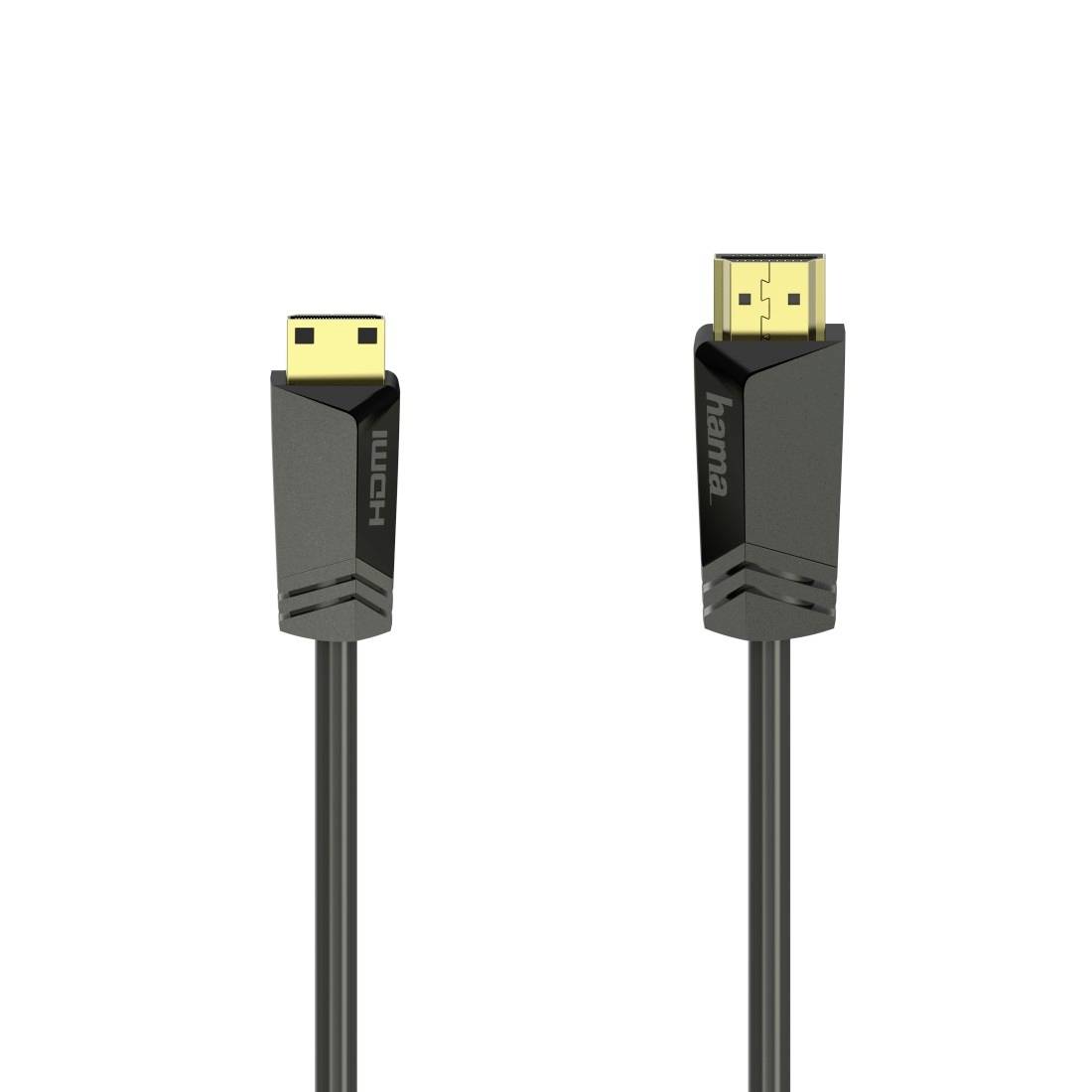 Zwei schwarze HDMI-Kabel mit vergoldeten Steckern aufrecht auf weißem Hintergrund dargestellt, eines mit der Aufschrift „HDMI
