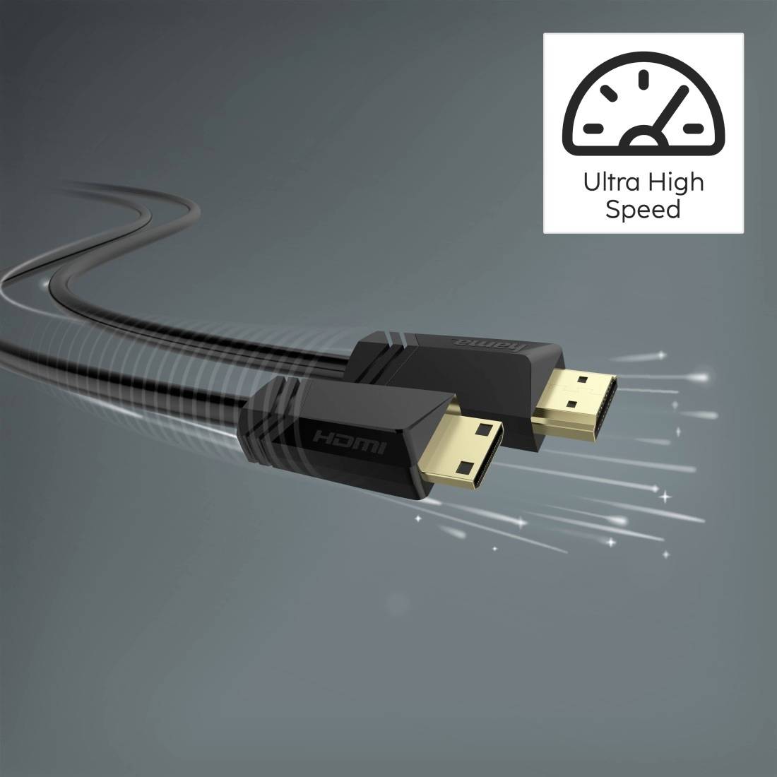 Nahaufnahme eines HDMI-Kabels und Steckverbinder mit dem Abzeichen „Ultra High Speed
