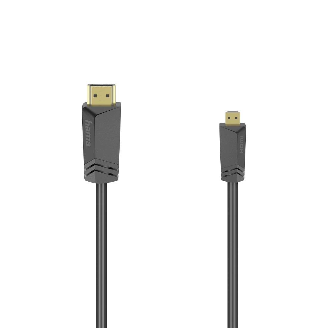 Zwei schwarze HDMI-Kabel auf weißem Hintergrund, in zwei Größen mit vergoldeten Steckern gezeigt, eines größer und eines kleiner.