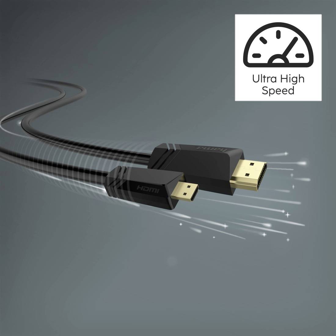 Abbildung eines HDMI-Kabels mit vergoldeten Steckern und einem Geschwindigkeitssymbol mit der Bezeichnung „Ultra High Speed