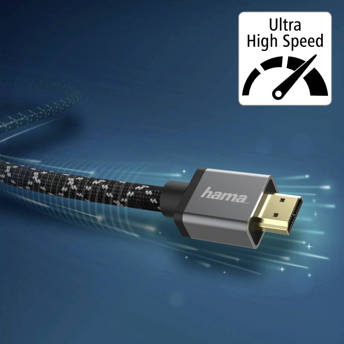 Nahaufnahme eines Hama-USB-Kabelsteckers mit dem Abzeichen 