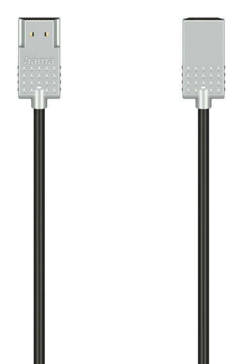 Zwei Ansichten eines schwarzen USB-Kabels mit silbernen rechteckigen Steckern, eine zeigt die Vorderseite und eine die Rückseite, auf weißem Hintergrund.