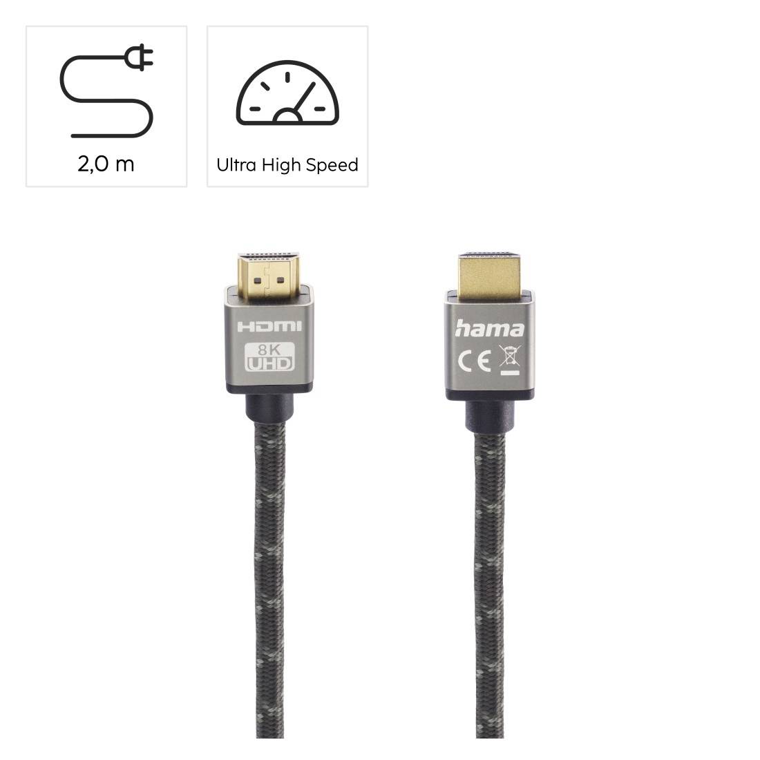 Ultra High Speed 2.0 m HDMI-Kabel mit 8K UHD-Steckverbindern, Vorder- und Rückseite abgebildet.