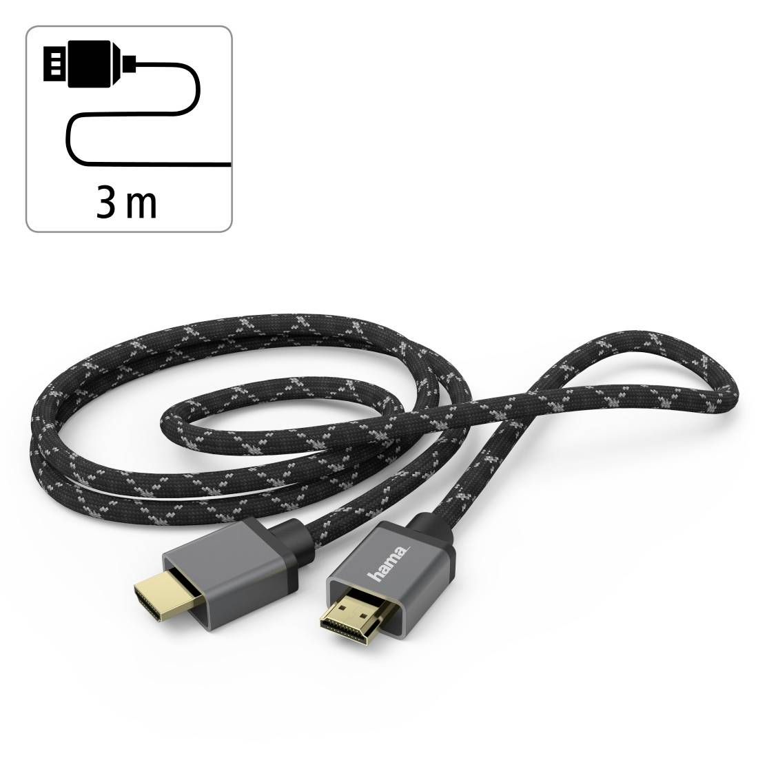 3 m HDMI-Kabel mit geflochtenem schwarzem Mantel und zwei männlichen Anschlüssen, aufgerollt auf weißem Hintergrund dargestellt.