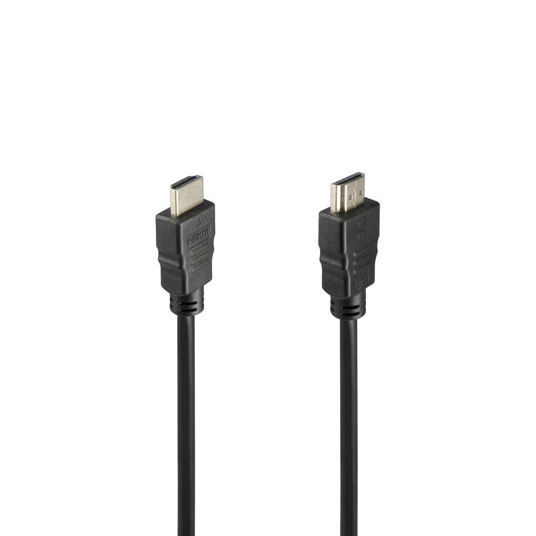 Zwei schwarze HDMI-Kabel mit männlichen Steckern aufrecht auf weißem Hintergrund dargestellt.
