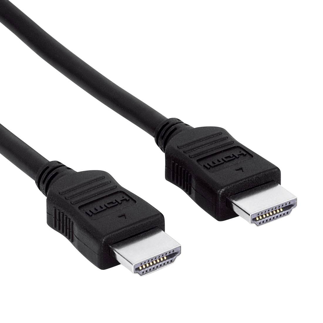 Zwei schwarze HDMI-Kabelstecker auf weißem Hintergrund, in Nahaufnahme gezeigt.