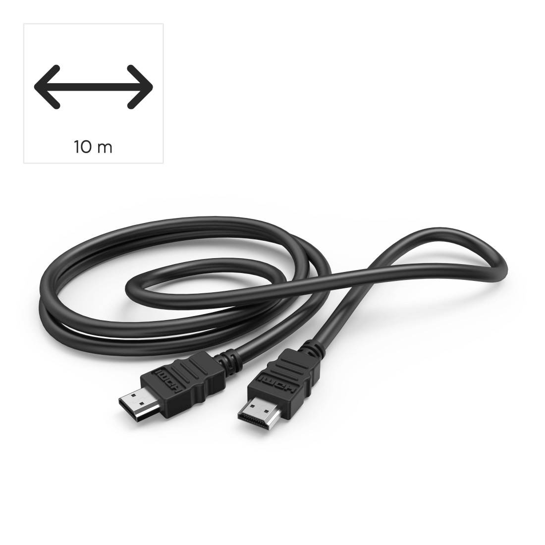 10 m schwarzes HDMI-Kabel mit zwei Anschlüssen, aufgewickelt auf weißem Hintergrund mit einem doppelköpfigen Pfeil, der die Länge anzeigt.