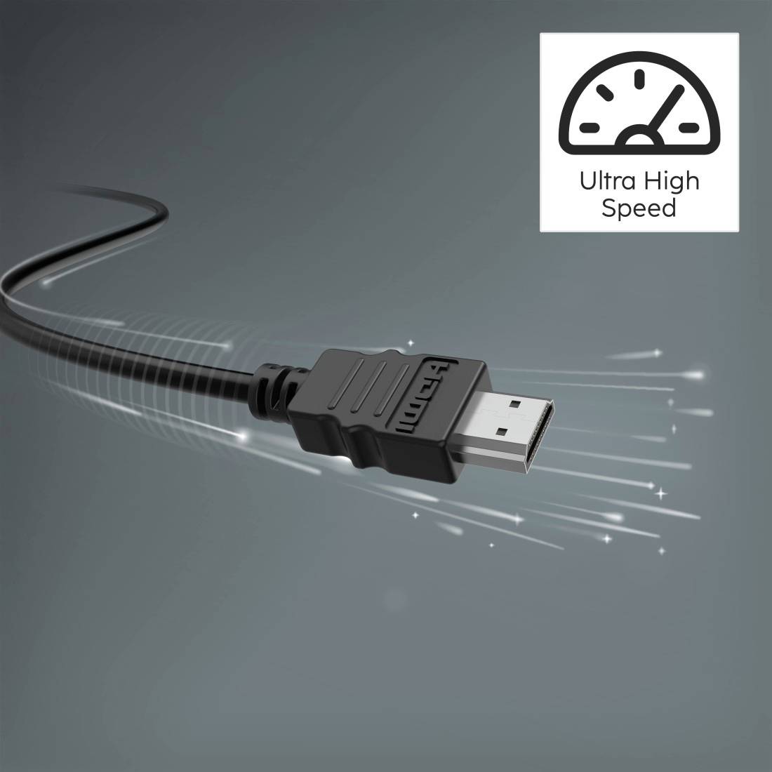 Illustration eines hochgeschwindigkeits-HDMI-Kabels und Steckers mit Bewegungsstreifen, mit der Bezeichnung „Ultra High Speed