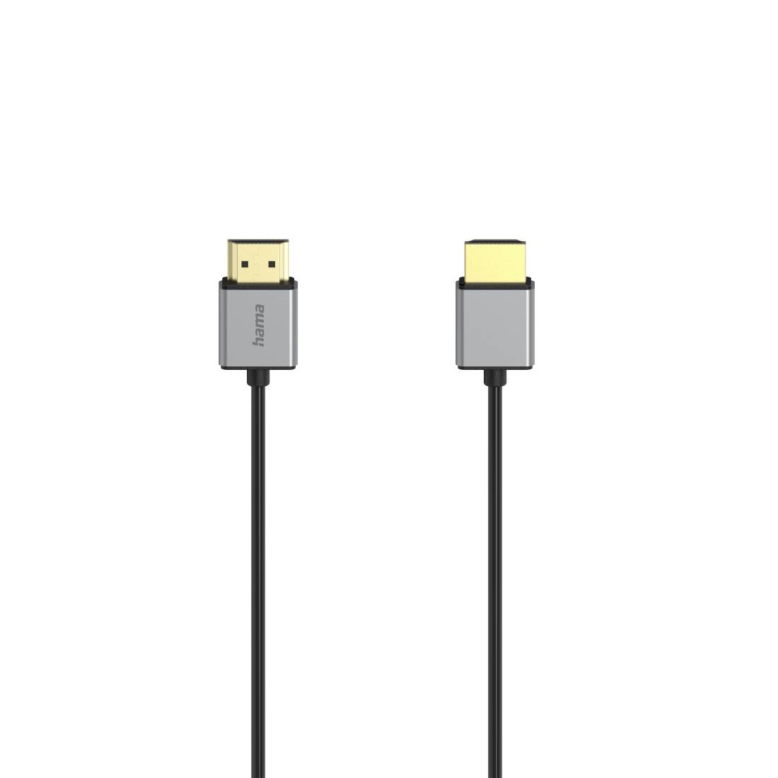 Zwei Nahaufnahmen eines schwarzen HDMI-Steckerkabels, die die Steckerstecker mit grauen Gehäusen auf weißem Hintergrund zeigen.