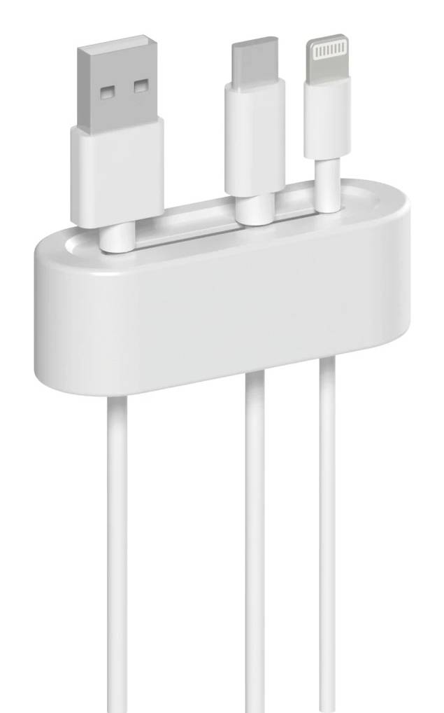 Weißes 3-in-1-Ladekabel mit USB-A-, USB-C- und Lightning-Anschlüssen