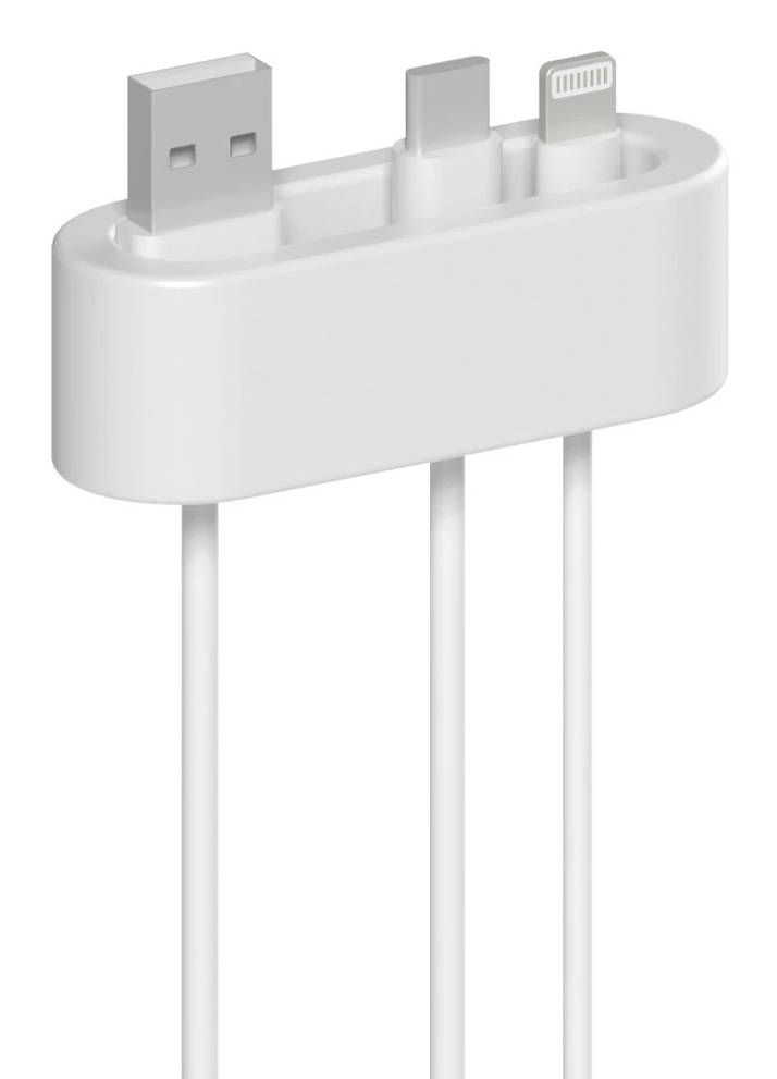 Weißes Ladekabeladapter mit USB-, 30-poligen und Lightning-Anschlüssen oben