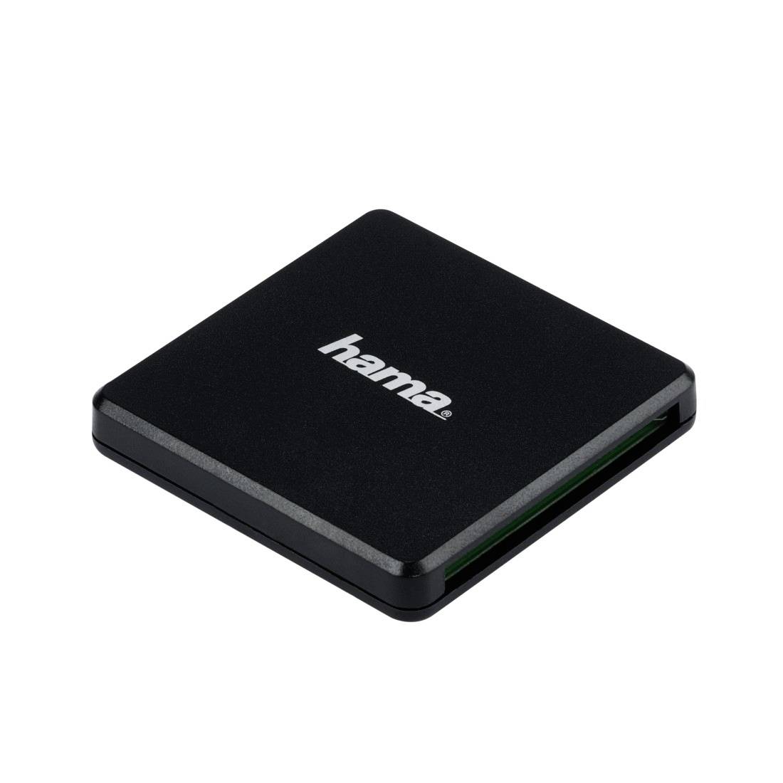 Schwarze externe Festplatte oder SSD-Gehäuse von Hama auf weißem Hintergrund gezeigt.