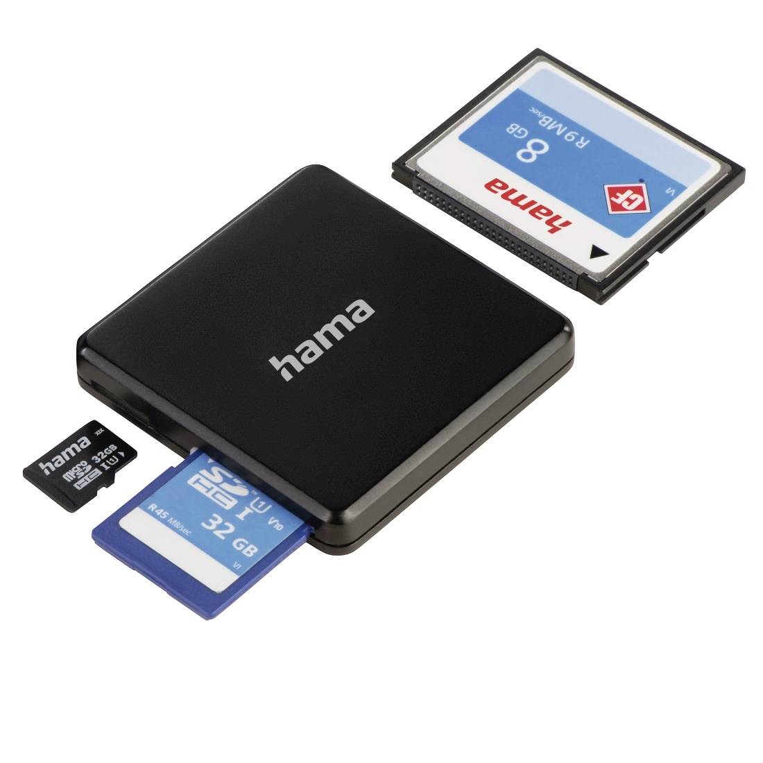 Schwarzer Hama-Kartenleser mit SD-, SDHC- und microSD-Speicherkarten, die teilweise eingeführt oder daneben angezeigt sind.