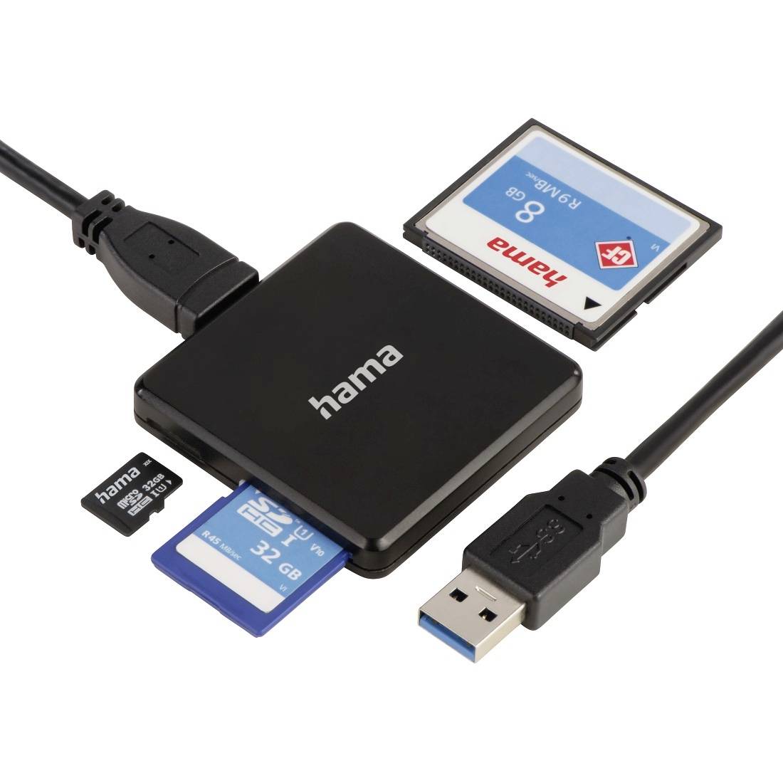 Hama USB-Kartenleser mit mehreren eingelegten Speicherkarten und USB-Kabel, zeigt Unterstützung für verschiedene Kartenformate.