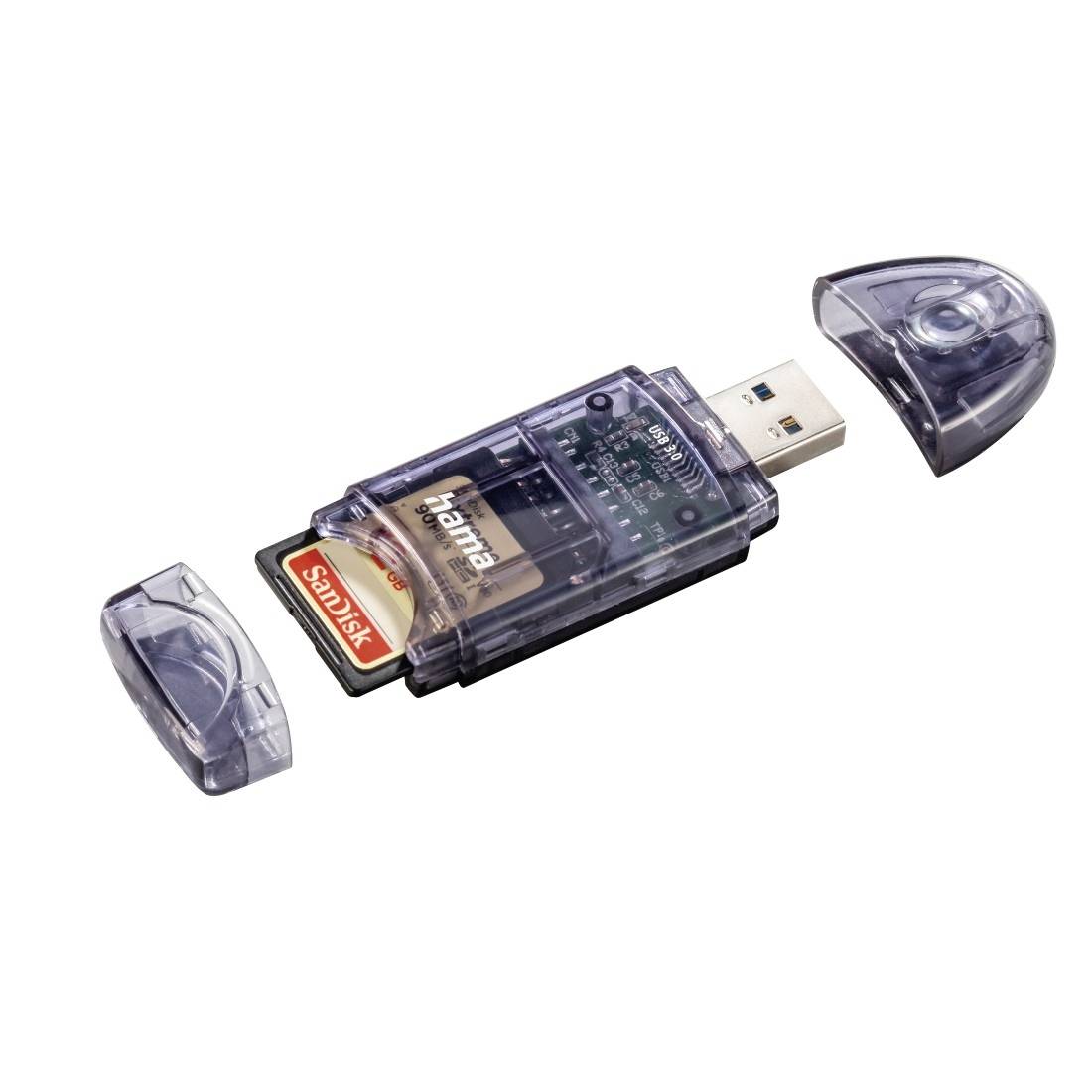 Ein durchscheinbarer USB-Kartenleser mit einer eingesetzten SanDisk-Speicherkarte, gezeigt mit abgenommener Kappe auf weißem Hintergrund.