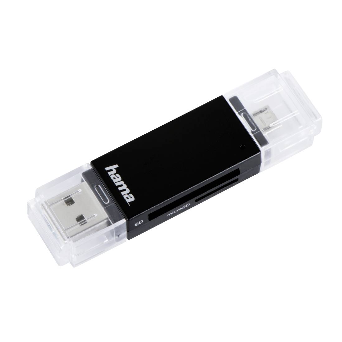 Hama USB-Kartenleser mit transparenten Kappen auf weißem Hintergrund dargestellt.