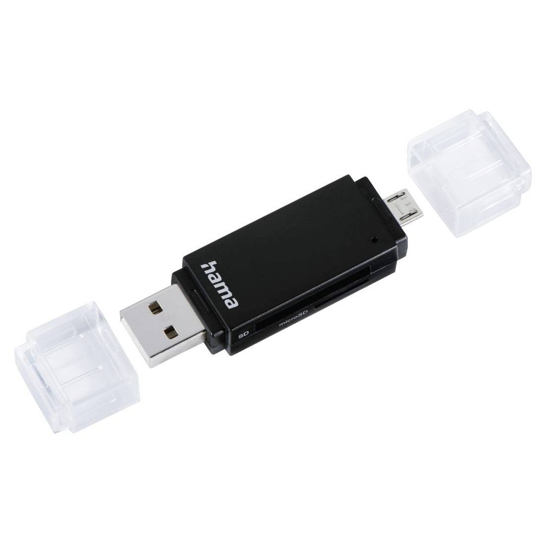 Schwarzer Hama USB-Kartenleser mit Micro-USB- und USB-A-Anschlüssen, dargestellt mit Schutzenkeln auf weißem Hintergrund.