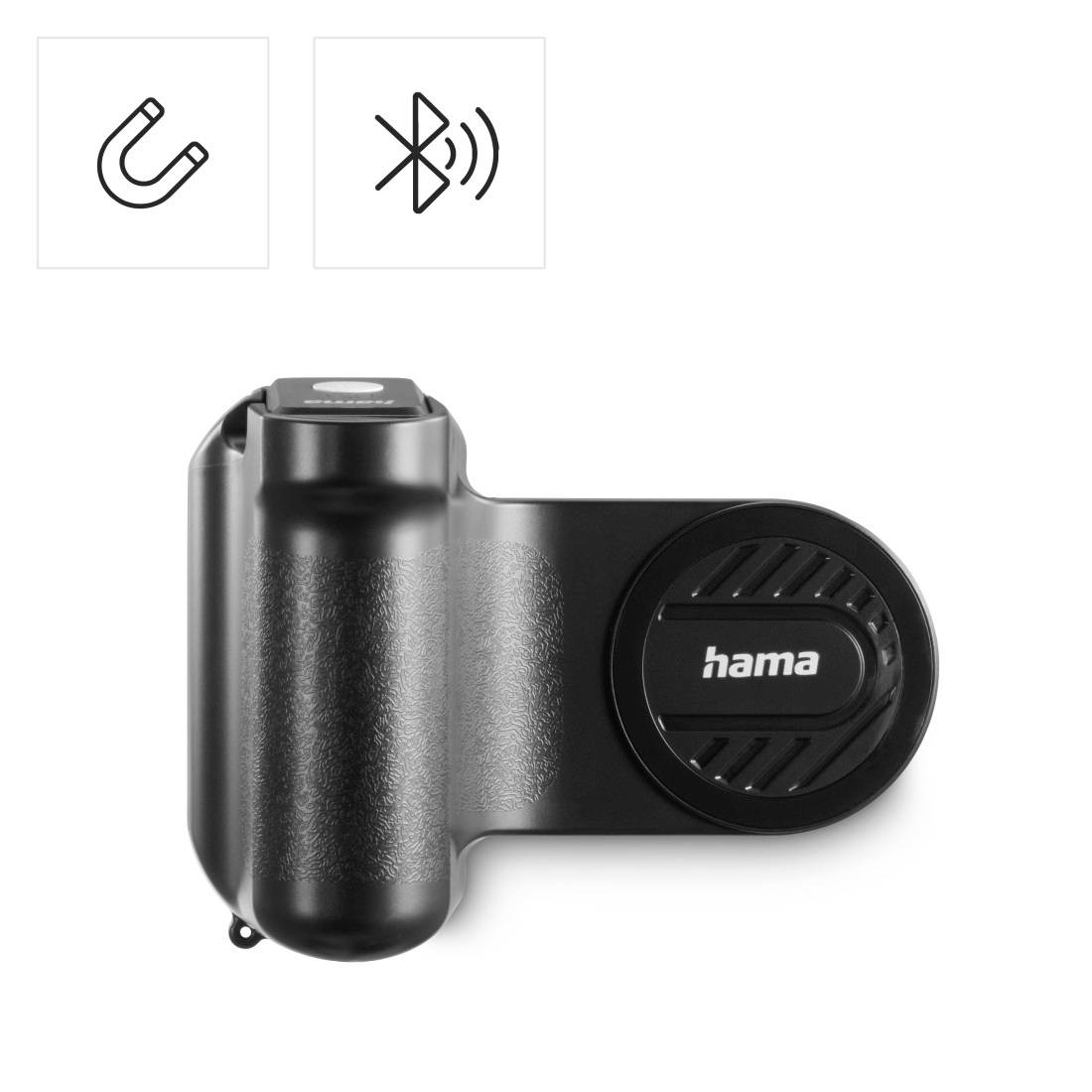 Schwarze Hama-Smartphone-Fahrradhalterung mit Magnethalter; Symbole zeigen magnetische Befestigung und Bluetooth-Unterstützung.