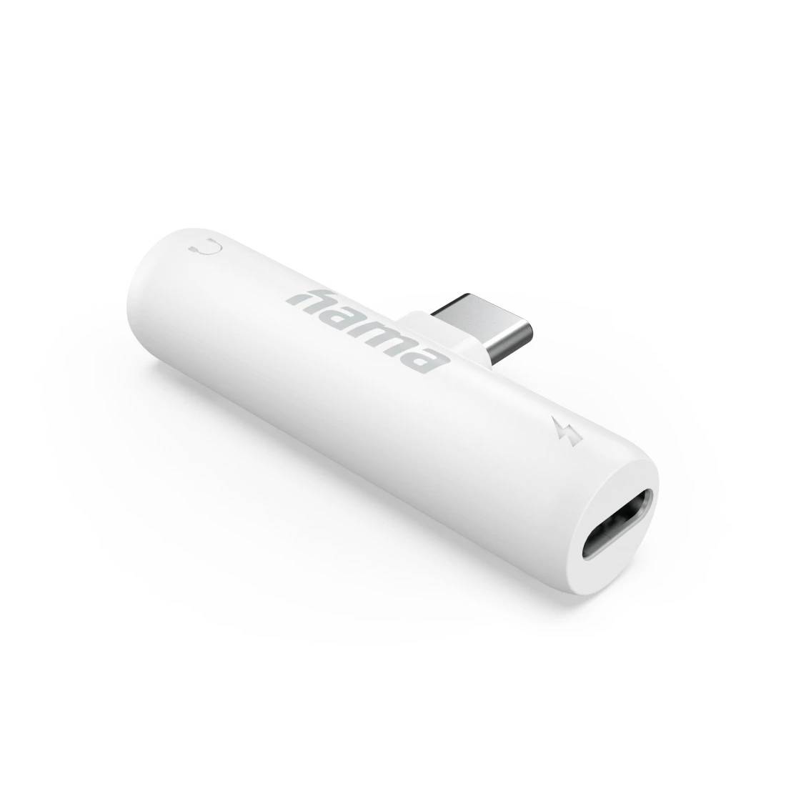 Weißer Hama USB-C-Adapter-Dongle mit Hama-Logo und Ladesymbol, gezeigt auf einfachem Hintergrund.