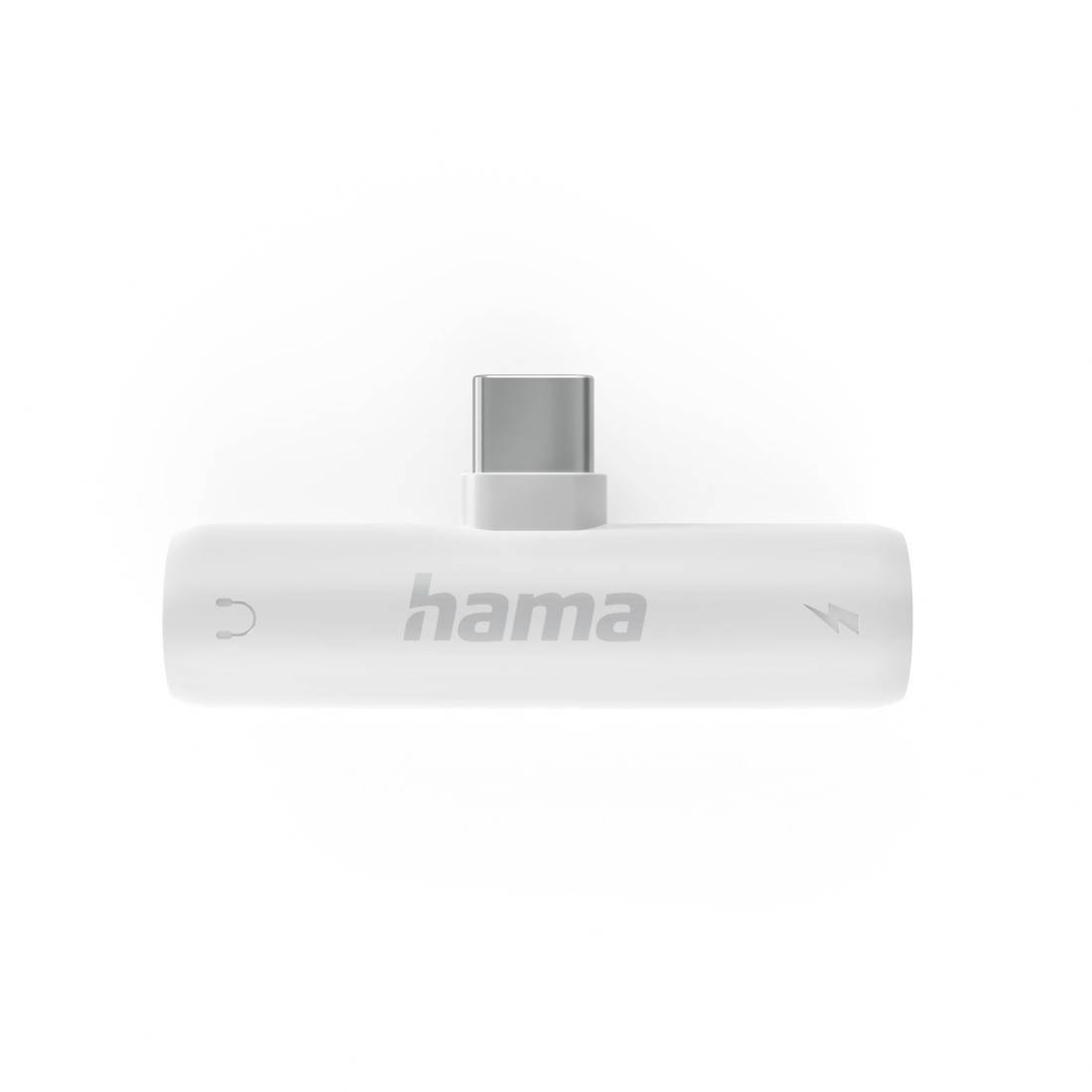 Weißer Hama USB-C-Adapter/Dongle mit männlichem USB-C-Stecker oben und zylindrischem Gehäuse mit Logo.
