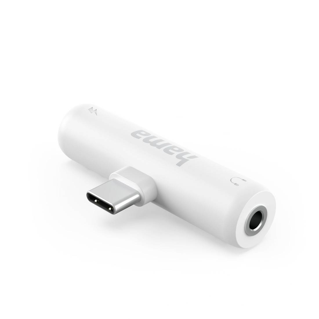 Weißer Hama USB-C-Adapter/Dongle mit männlichem USB-C-Stecker und weiblicher Audiobuchse