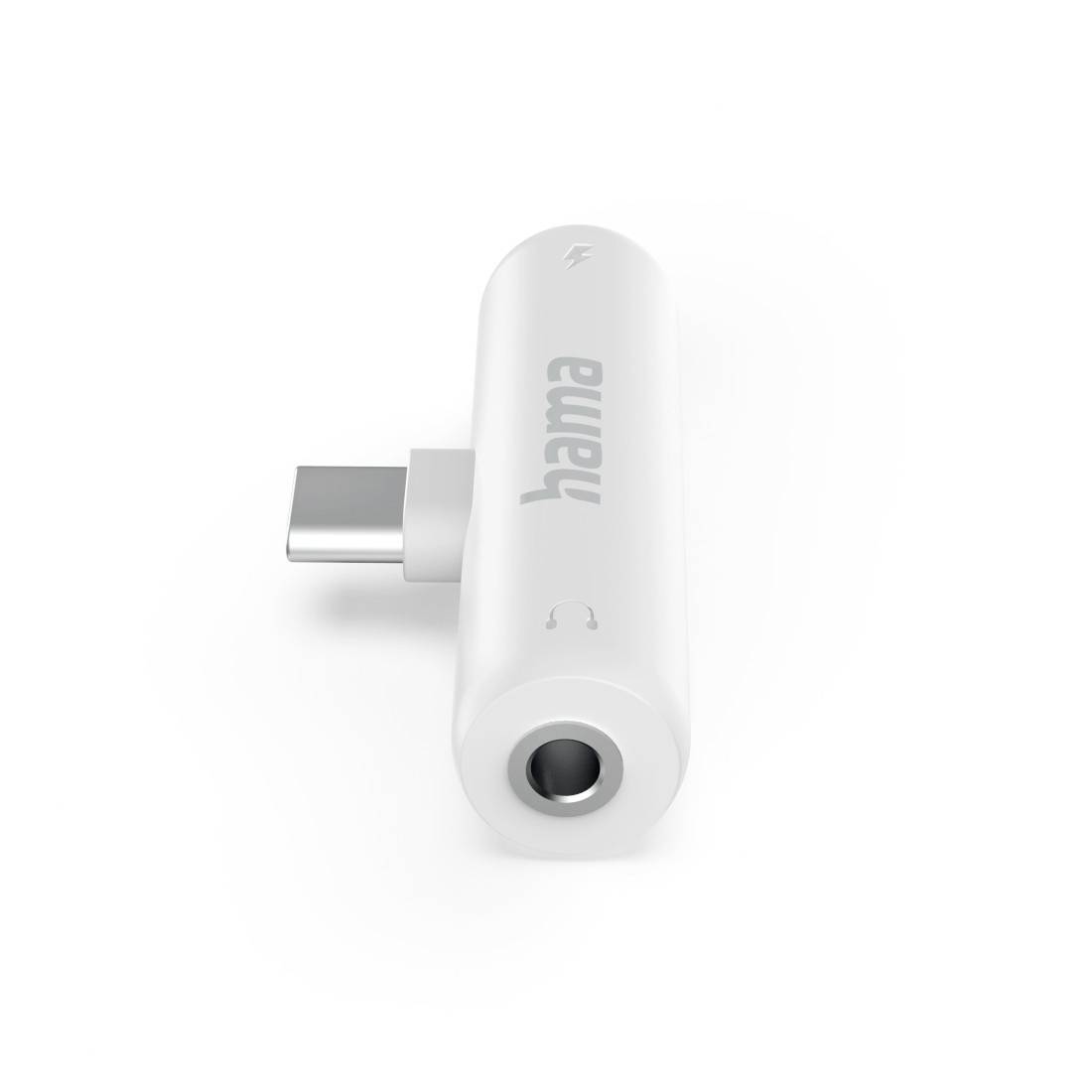 Weißer Hama USB-C Audio-Adapter mit seitlichem USB-C-Anschluss und vorderem 3,5-mm-Kopfhörerklinkeneingang auf einfachem weißem Hintergrund.