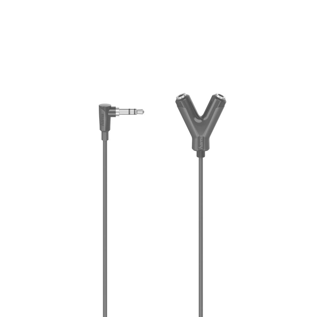 Audiokabel-Splitter mit einem rechtwinkligen 3,5-mm-Stecker auf der einen Seite und einem Y-förmigen Doppel-Kopfhörerstecker auf der anderen Seite.