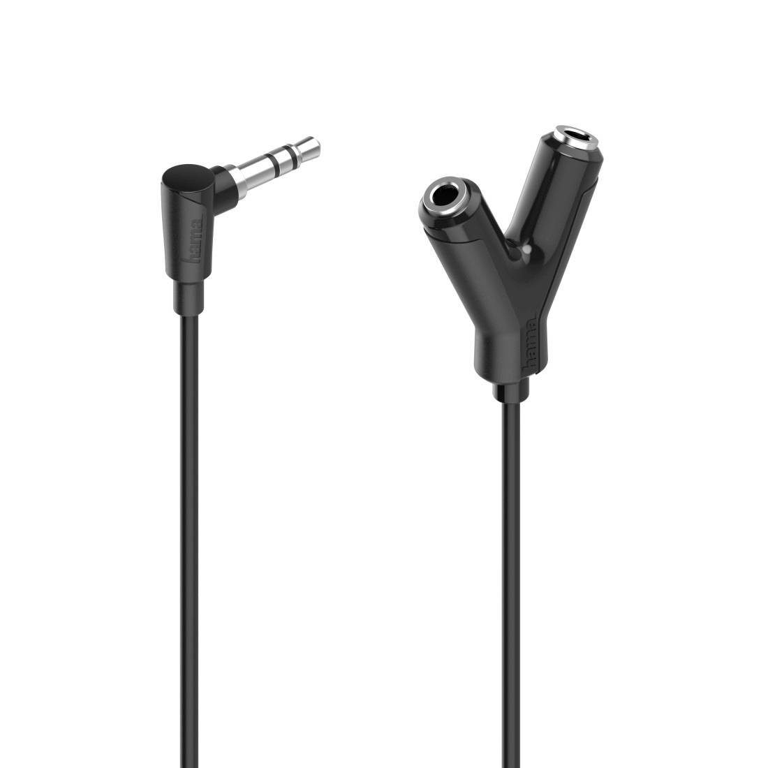 Schwarzes Y-Splitter-Audiokabel mit einem 3,5-mm-Stecker auf der einen Seite und zwei weiblichen Kopfhörerbuchsen auf der anderen Seite.