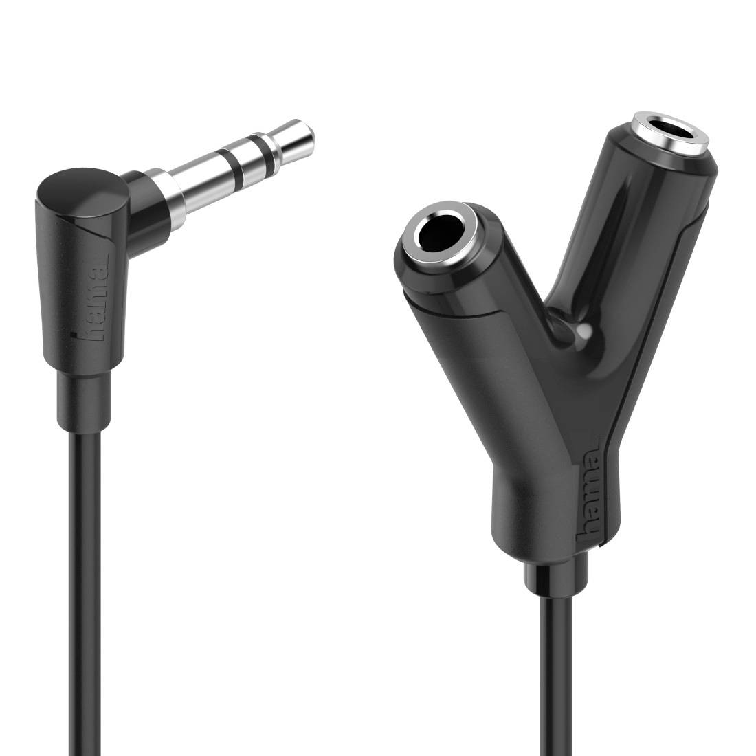 Schwarzer Y-Adapter Audio-Splitter mit einem männlichen 3,5-mm-Stecker und zwei weiblichen Buchsen.