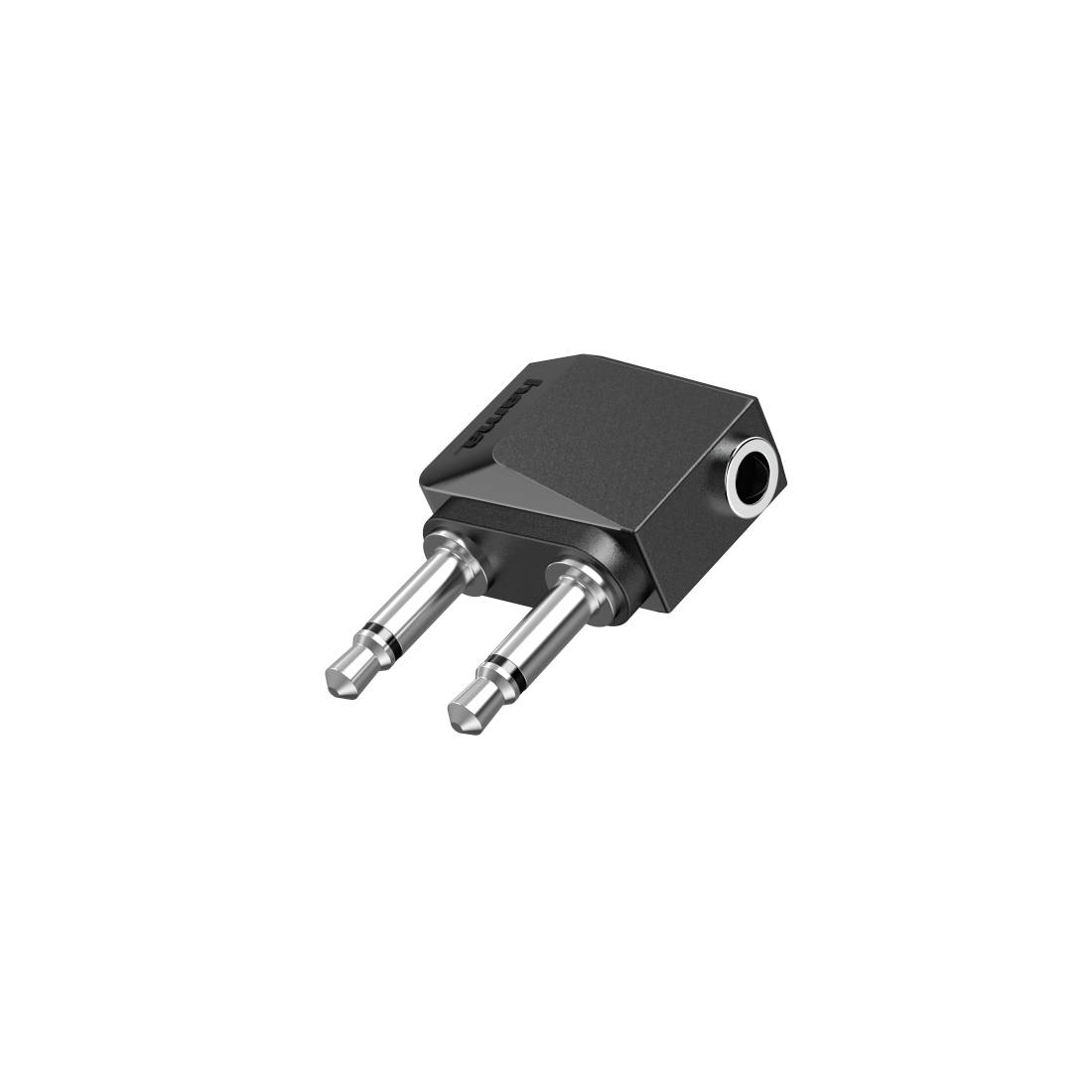 Schwarzer Audioadapter mit zwei männlichen Steckern und einer weiblichen Buchse auf weißem Hintergrund.