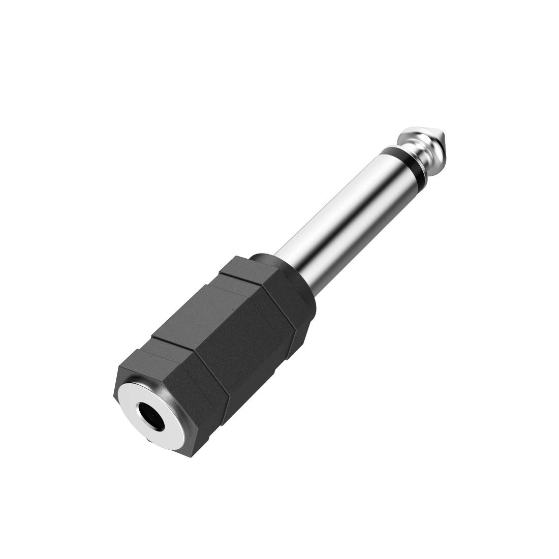Metall-Audio-Adapter-Stecker mit schwarzem sechseckigem Gehäuse und silbernem 1/4-Zoll-Klinken-Anschluss auf weißem Hintergrund