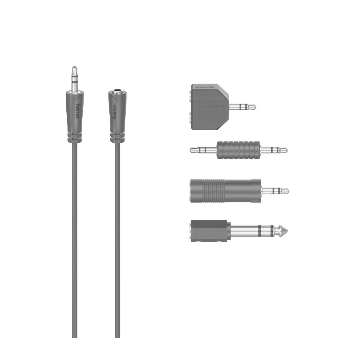 Illustration verschiedener 3,5-mm-Audiokabeladapter und Stecker, gezeigt in Seitenansicht mit unterschiedlichen Stecker- und Buchsentypen.