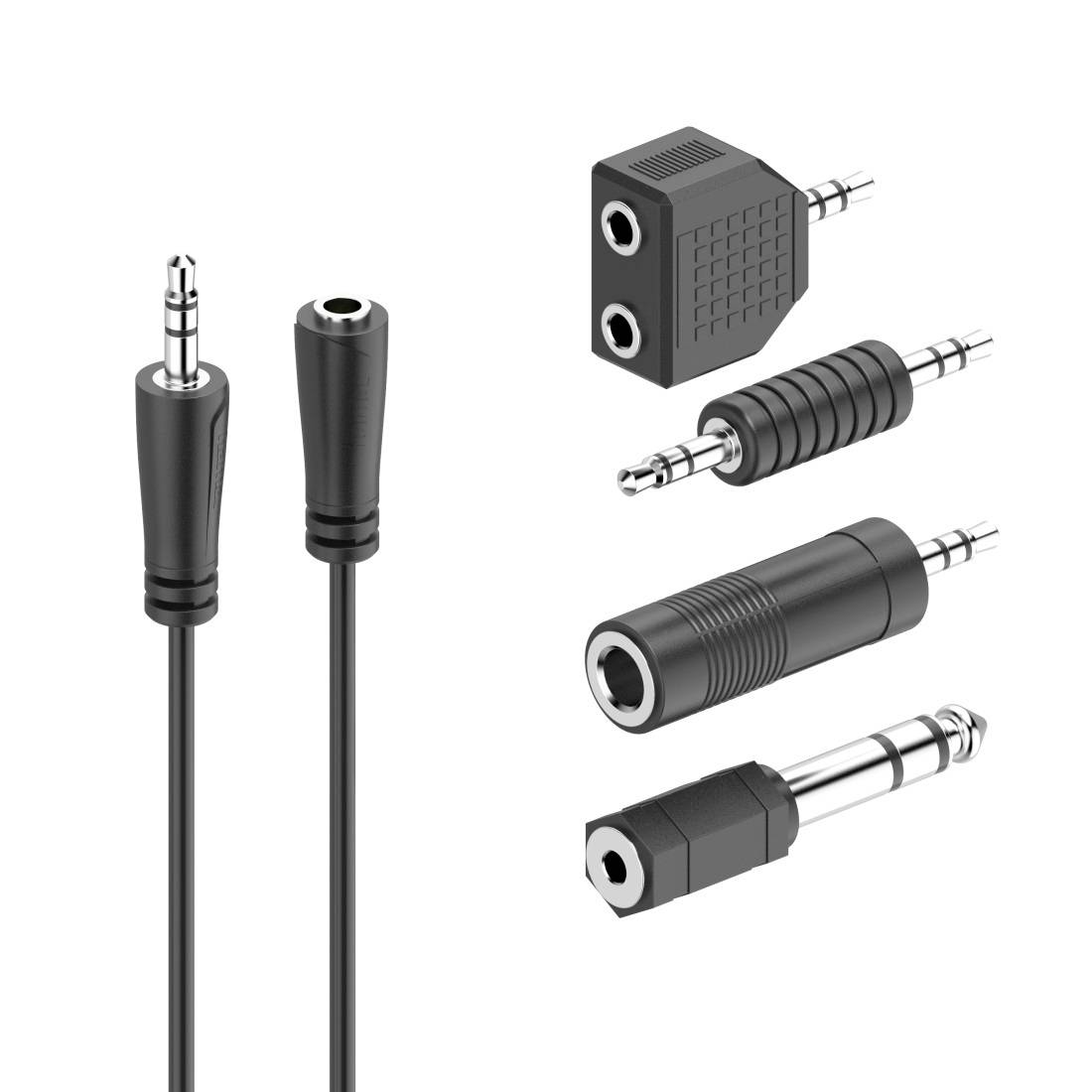 Abbildung von Audioadaptersteckern und Kabeln, die 3,5-mm-Stecker und -Buchsen zeigt, einschließlich Splitter- und Verlängerungsstile.