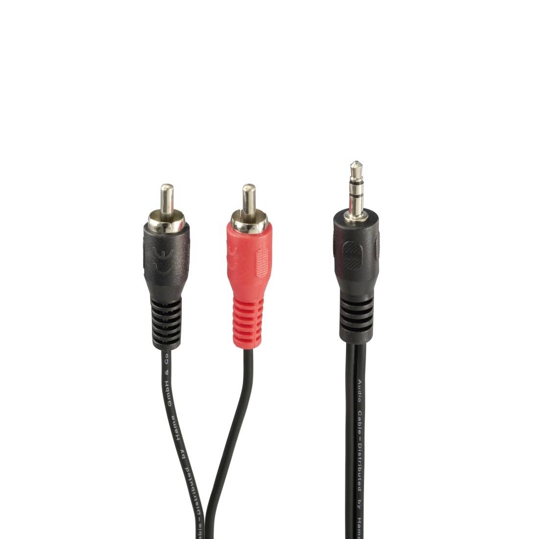 Drei Audiokabel mit RCA- und 3,5-mm-Stecker, zwei rote und schwarze RCA-Stecker links und in der Mitte und ein schwarzer Stereostecker rechts.