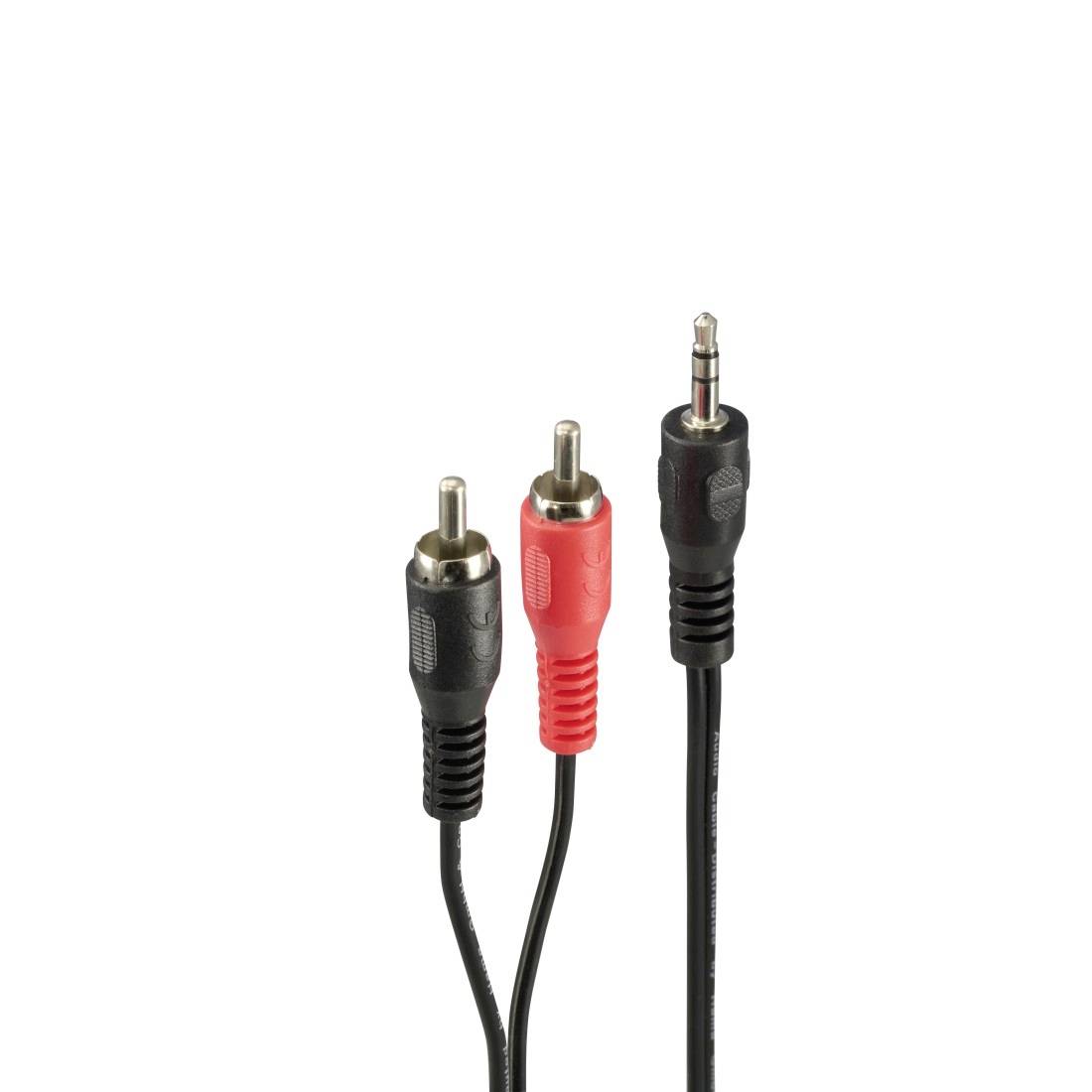 Drei Audio-Steckverbinder auf schwarzen Kabeln: zwei RCA-Stecker, einer rot und einer schwarz, und ein 3,5-mm-Stereostecker.