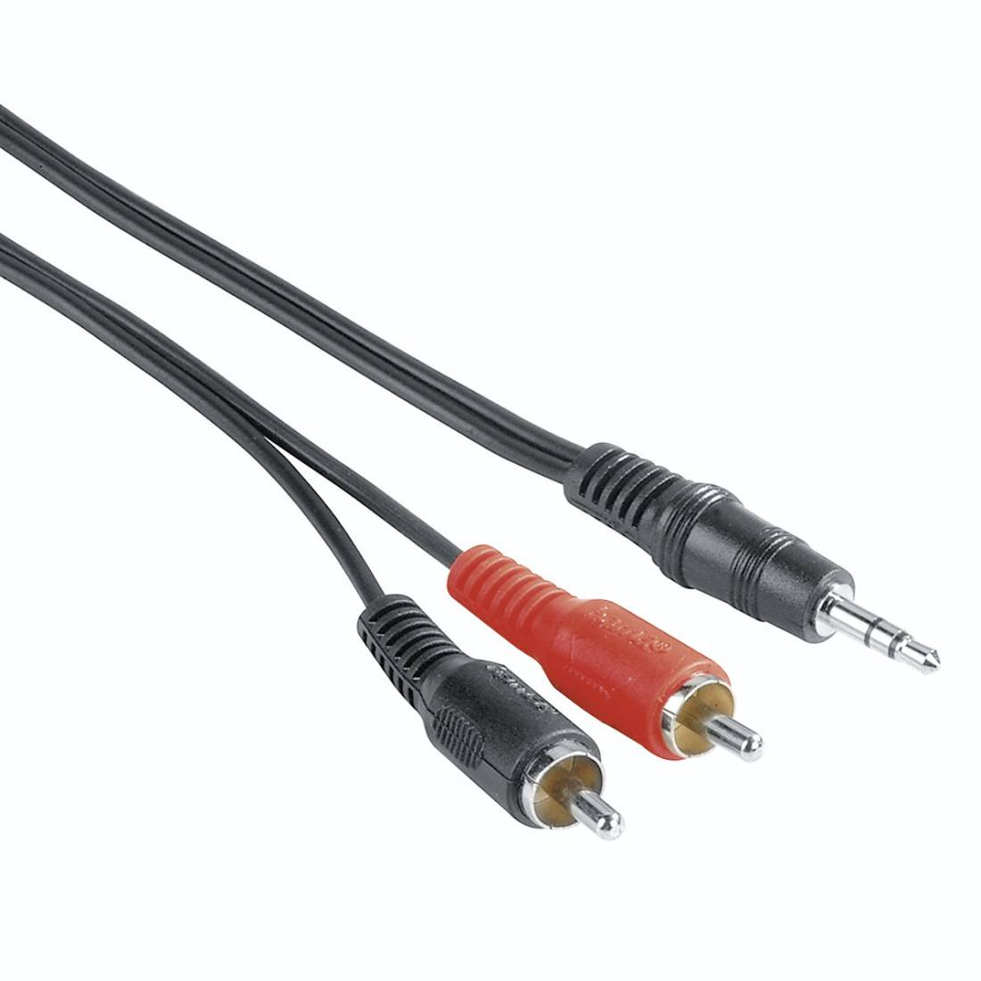 Audioadapterkabel mit 3,5-mm-Stecker, das sich in rote und schwarze RCA-Stecker aufteilt.