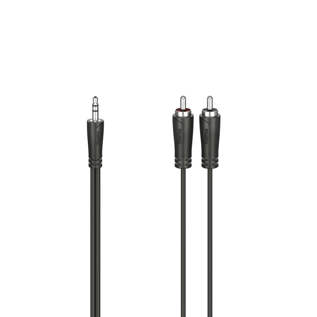 Drei schwarze Audiokabel mit 3,5-mm-Steckern, bestehend aus einem Einzelstecker und einem Y-Splitter-Kabel mit zwei Steckern.
