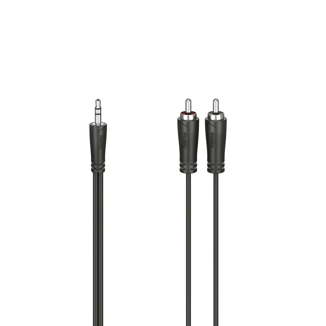 Schwarzes Audiokabel mit einem 3,5-mm-Stecker auf der einen Seite und zwei RCA-Steckern auf der anderen Seite.