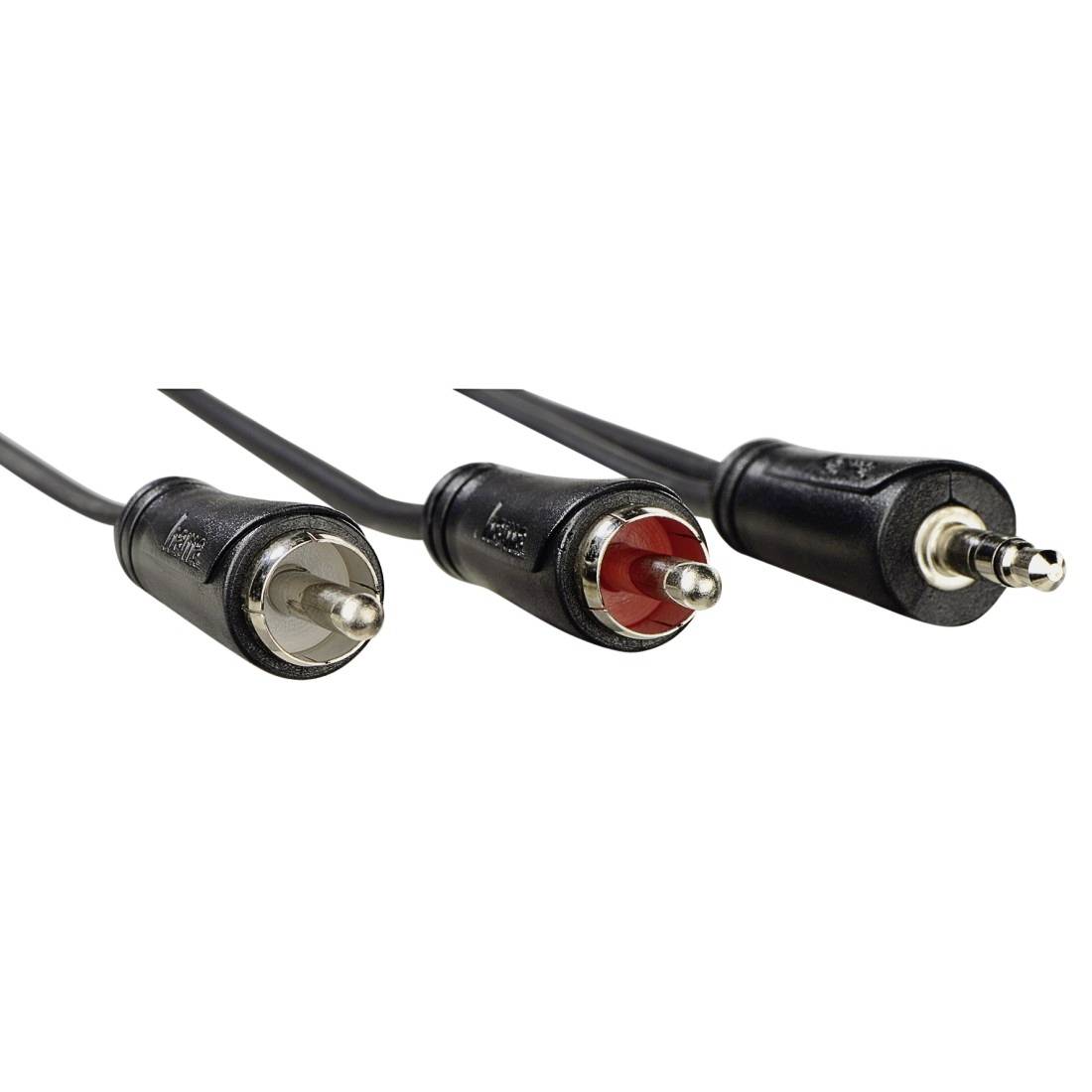 Drei Audio-RCA-Steckverbinder mit schwarzen Kabeln, bestehend aus einem roten und zwei silberfarbigen Steckern, auf weißem Hintergrund abgebildet.