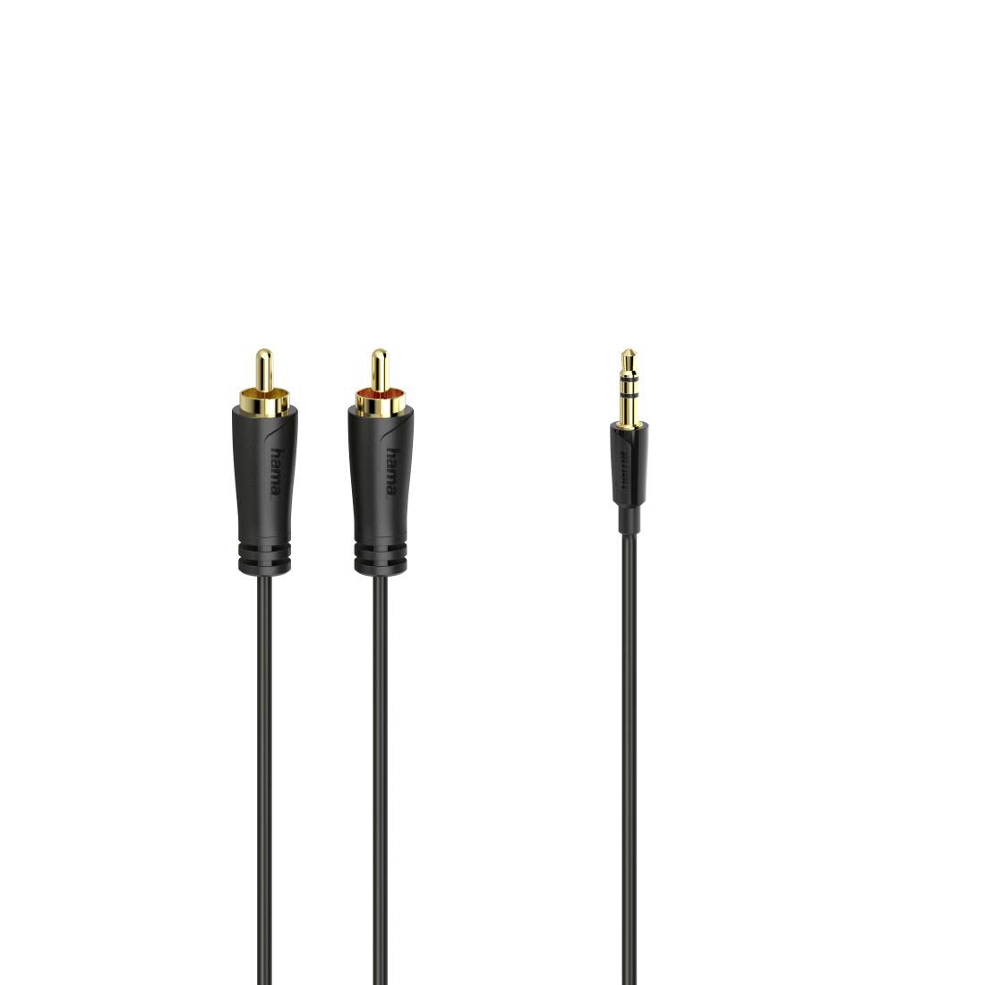 Audiokabel mit zwei RCA-Steckern auf einer Seite und einem 3,5-mm-Stereostecker auf der anderen Seite, gezeigt auf weißem Hintergrund.