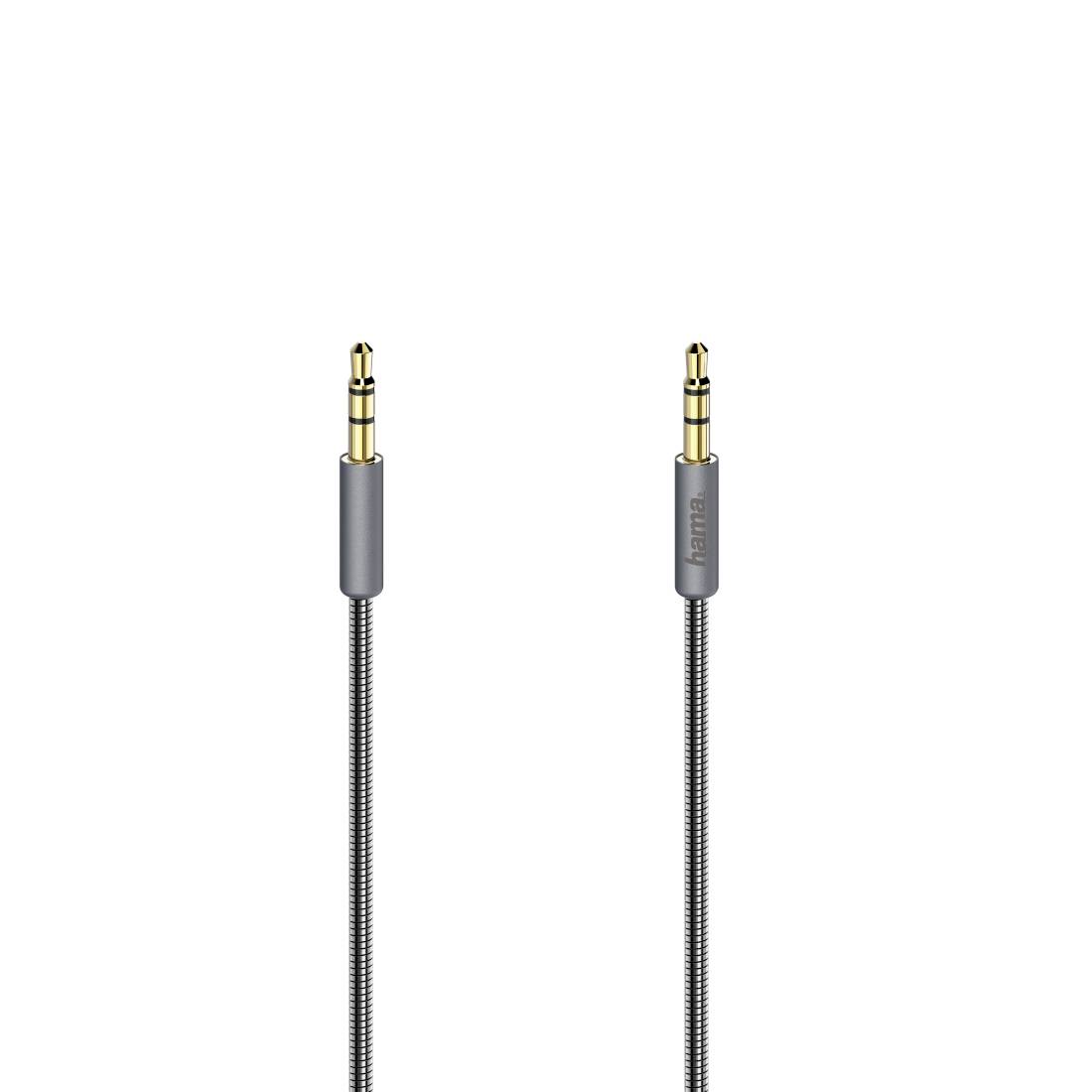 Zwei graue 3,5-mm-Audiokabel mit vergoldeten Steckern auf weißem Hintergrund.