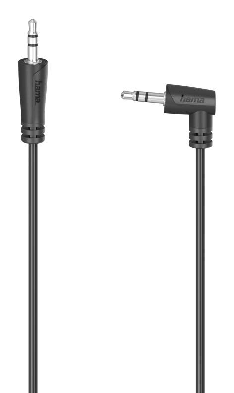 Schwarzes Hama-Audiokabel mit 3,5-mm-Steckern, dargestellt mit geraden und rechtwinkligen Anschlüssen auf weißem Hintergrund.