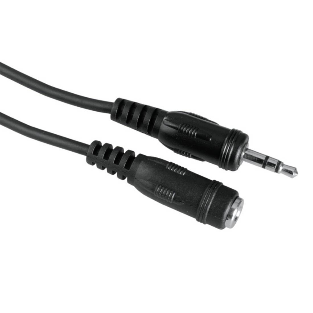 Schwarzes 3,5-mm-Audiokabel mit Stecker und Buchse auf weißem Hintergrund.
