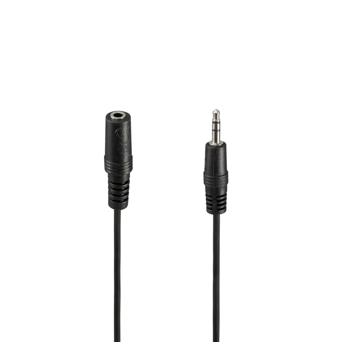 Schwarzes Audiokabel mit einer weiblichen 3,5-mm-Buchse auf der einen Seite und einem männlichen 3,5-mm-Stecker auf der anderen Seite.